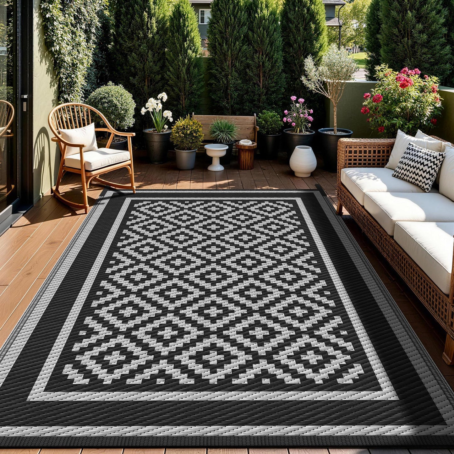 Kohree RV Outdoor Rug 8x10 Reversible, Waterproof Patio Mat with 4 Stakes & UV Fade Resistant, Non-Slip Outdoor Camping Mat for Deck, Picnic, Backyard, Includes Carry Bag (Black & Grey)