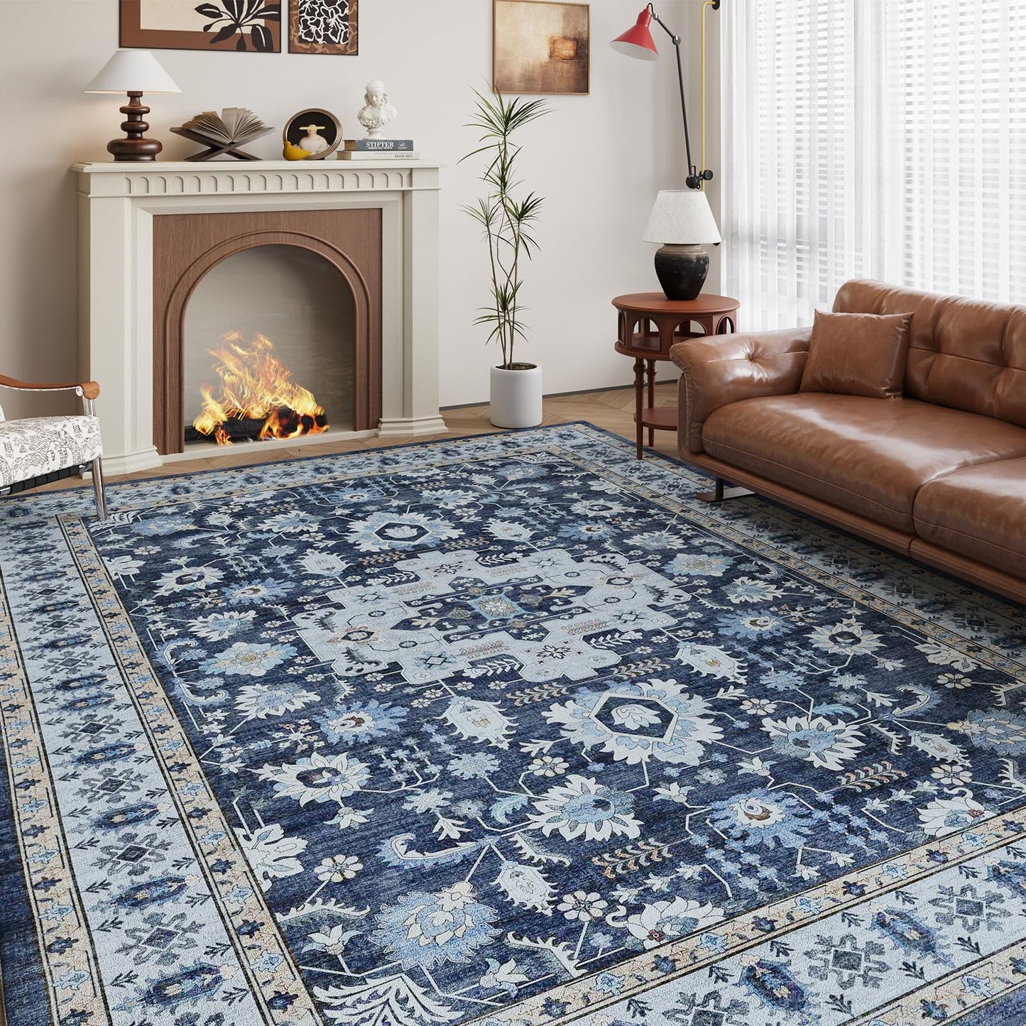 Trsury 8x10 Washable Living Room Area Rug, Boho Dark Blue Floral Medallion Low Pile Non-Slip Throw Rugs, Ultra Thin Foldable Carpet Under The Table for Bedroom,Dining Room,Playroom
