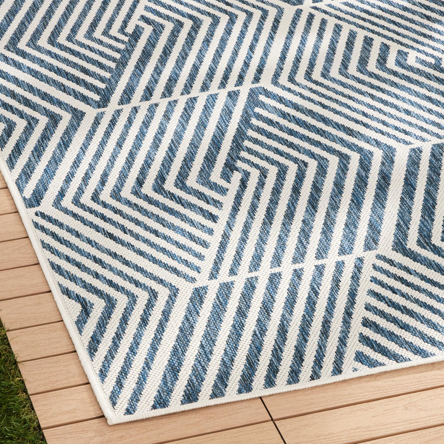Nicole Miller New York Patio Country Ombre Geo Indoor Outdoor Area Rug, UV Fade Resistant, Low Pile, Navy Blue/Cream, 7'9"x10'2"