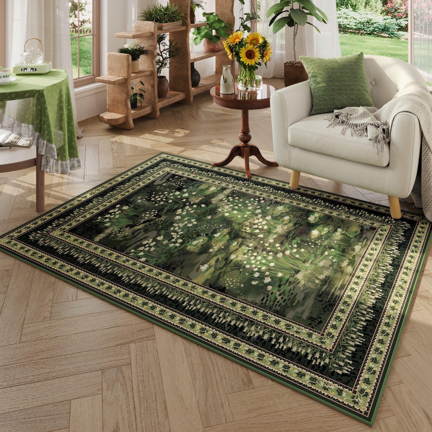 Rugcomf 4x6 Rug for Bedroom Impressionist-Style Vintage Washable Rugs Non Slip Low Pile Small Carpet for Bedside Kids Room Office Dining Room, Green