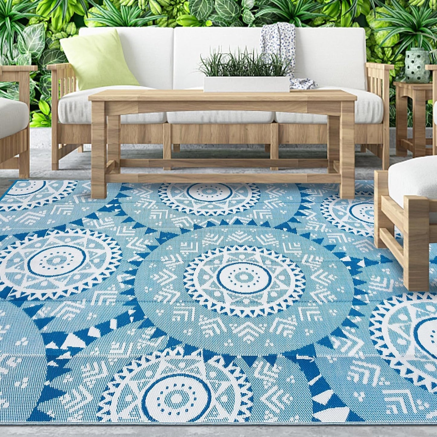 Alfolo Waterproof Outdoor Rug 8'x10'Plastic Straw Reversible Boho Blue & White Lightweight Patio Rug for Deck,Backyard,RV Camping,Poolside, Stain & UV Resistant Fade Proof Portable Outdoor Carpet