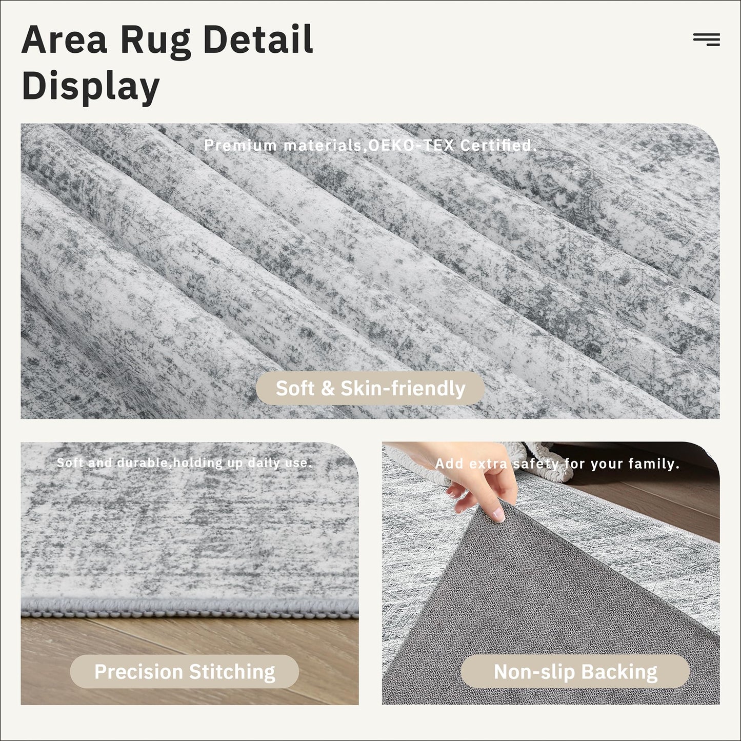 Soalmost Washable Runner Rug, 2'6" x 8' Non-Slip Kitchen Vintage Foldable Hallway Runners for Entryway, Laundry, Bedroom, Grey