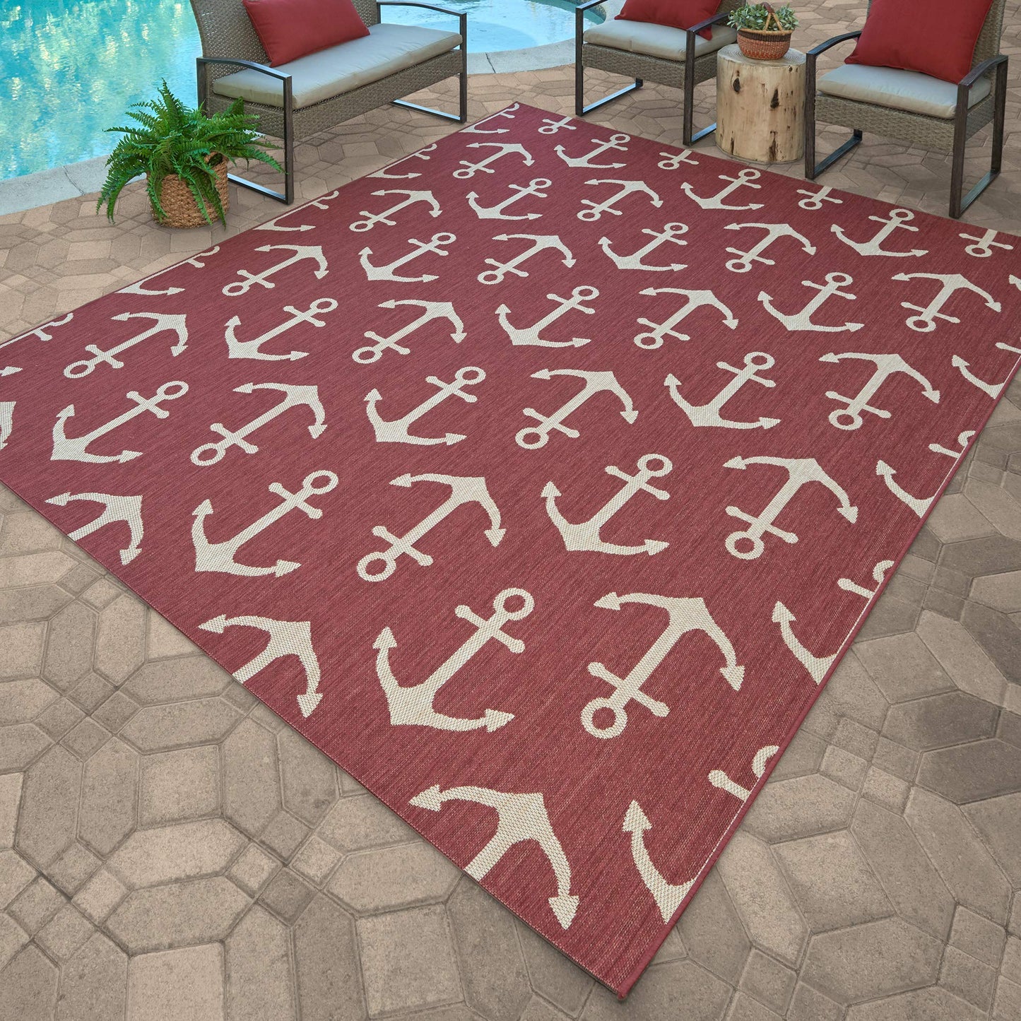 Gertmenian Indoor Outdoor Area Rug, Classic Flatweave, Washable, Stain & UV Resistant Carpet, Deck, Patio, Poolside & Mudroom, 9x13 Ft Extra Large, Anchor, Red