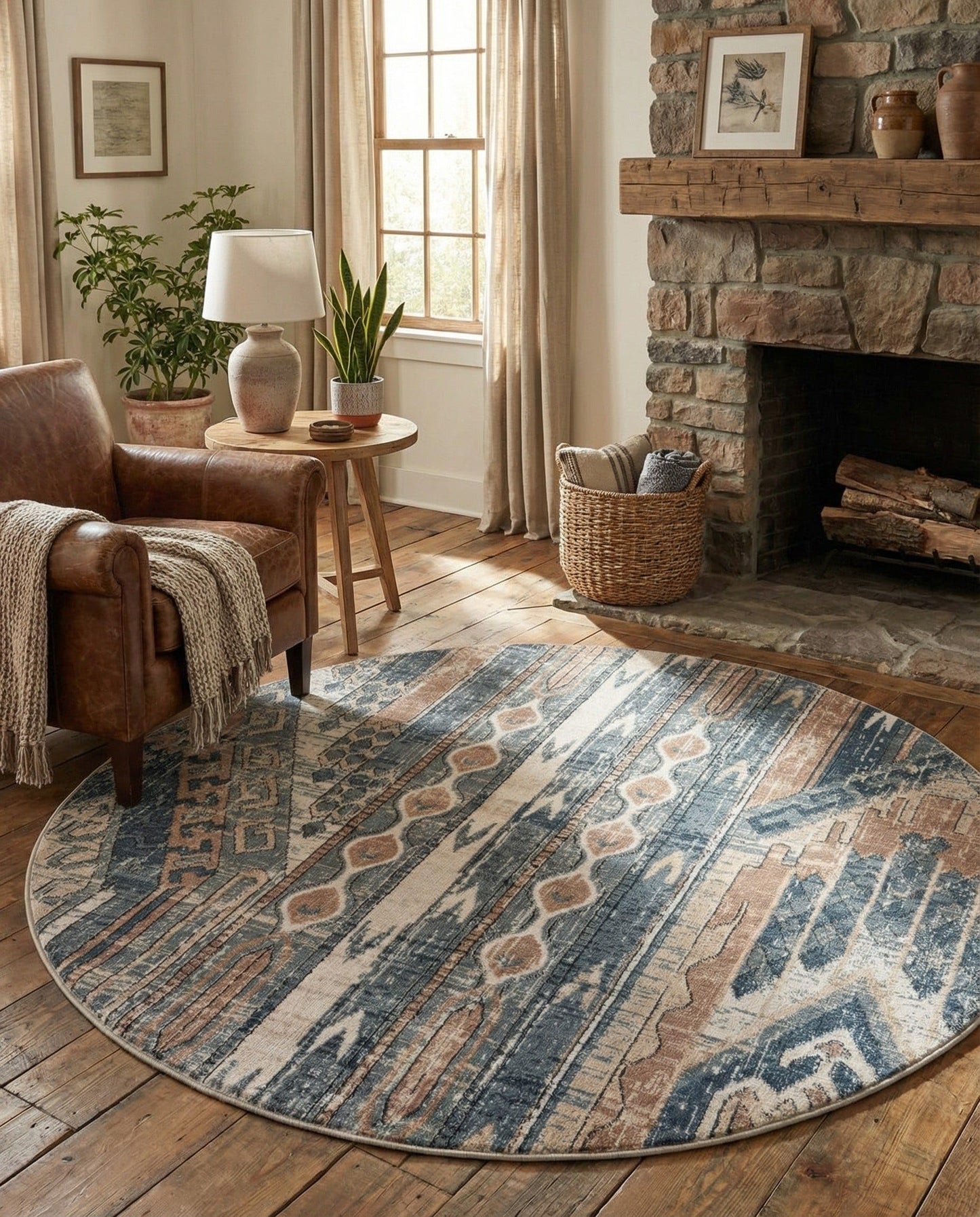 Rugs.com - Oregon Collection Rug – 5 Ft Round Navy Blue Easy-Clean Rug – Rustic Southwestern Style for Bedrooms, Living Rooms, and Entryways