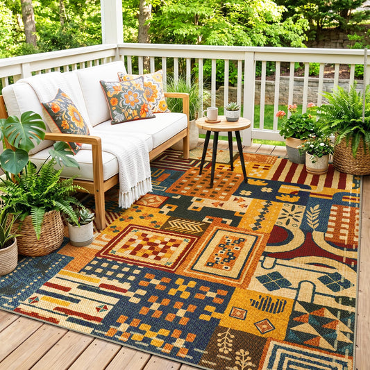 Quntue Washable Boho Easy Jute Area Rug for Living Room, 5x7 Farmhouse Patchwork Patio Rugs, Non Slip Southwestern Tan Indoor Outdoor Carpet for Balcony, Dining, Bedroom, Office, Balcony
