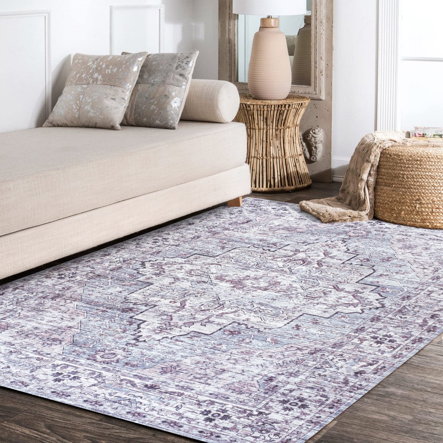 JONATHAN Y Machine Washable Gray/Purple Indoor Area Rug 4X6 ft, Didim Boho Medallion for Living Room, Bedroom, Kitchen, Office, Easy-Cleaning, High Traffic, Pet-Friendly, Non-Shedding (WSH102A-4)