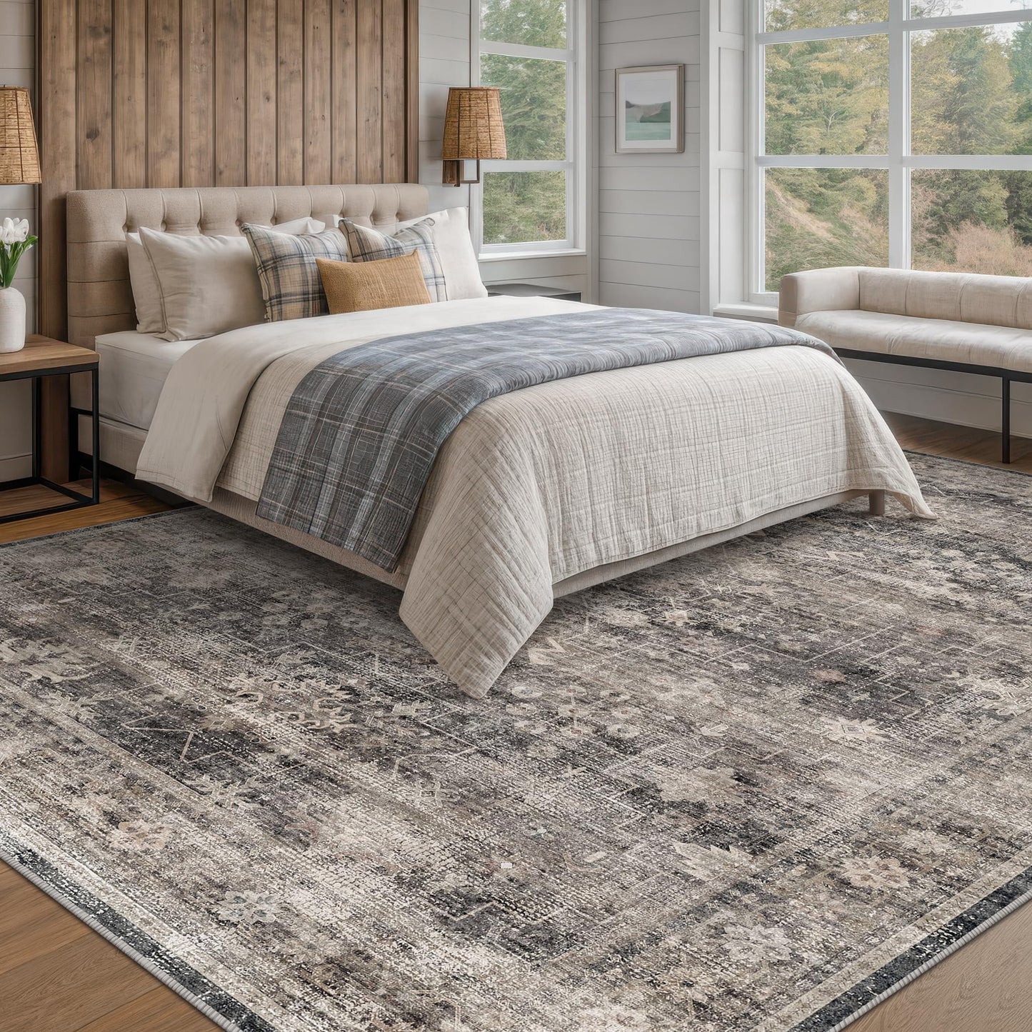 Modern 8x10 Charcoal and Beige Area Rug for Living Room, Washable Farmhouse Boho Rug for Bedroom, Distressed Oriental Geometric Design, Stain Resistant Low Pile Non-Slip Ultra Soft, Moody Décor