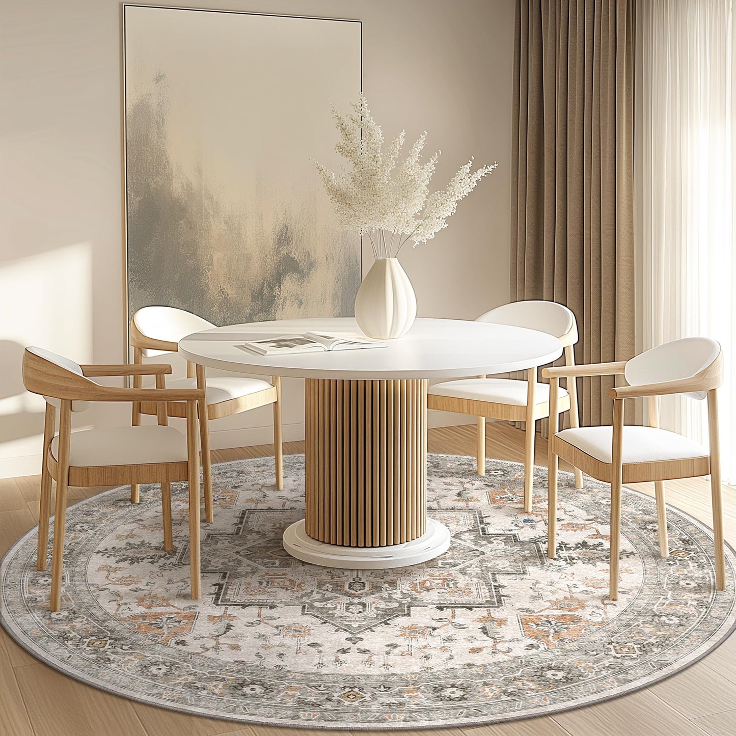 GENIMO 5FT Round Area Rugs for Living Room, Circle Rugs Machine Washable Low Pile, Non Slip Vintage Rug for Bedroom, Dining Room, Home Office, Light Taupe Brown