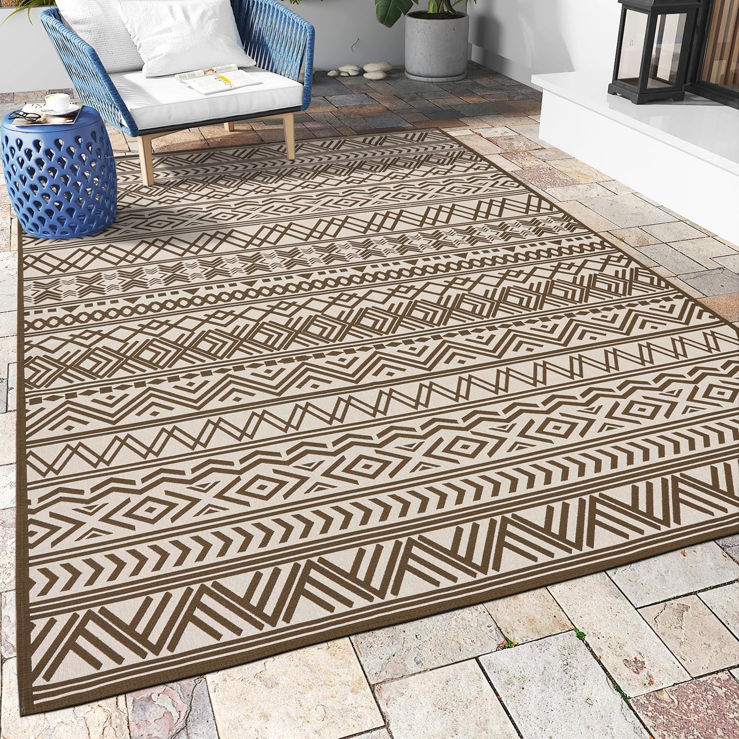 Outdoor Rug Carpet 5x8 ft, Flatweave Textured Outdoor Patio Rug Non Slip Indoor Outdoor Rugs with Rubber Particles Backing Boho Outdoor Area Rug for Patio Deck Front Porch Backyard Balcony, Brown