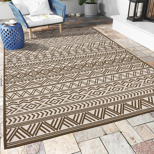 Outdoor Rug Carpet 5x8 ft, Flatweave Textured Outdoor Patio Rug Non Slip Indoor Outdoor Rugs with Rubber Particles Backing Boho Outdoor Area Rug for Patio Deck Front Porch Backyard Balcony, Brown