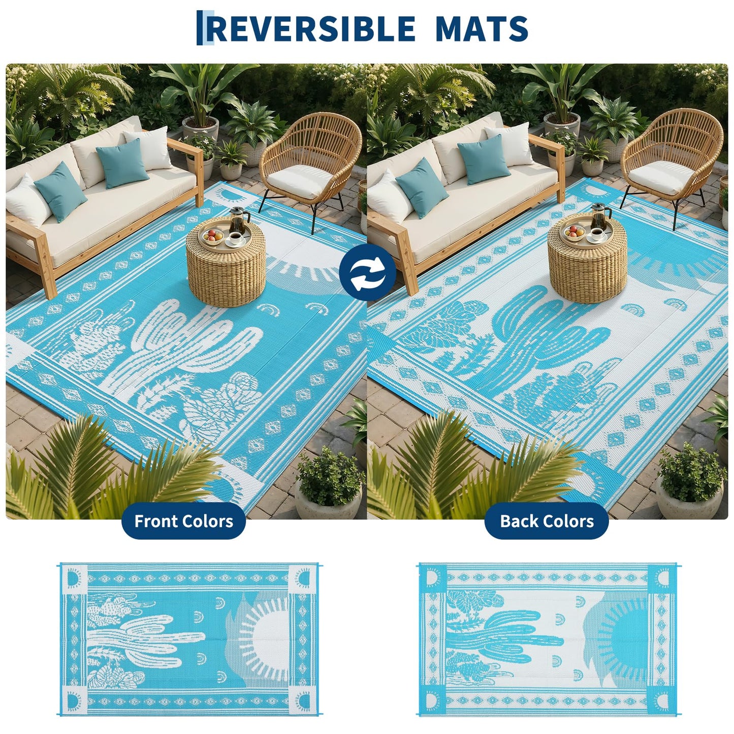 Garvee Waterproof Outdoor Rug 5x8, Cactus Botanical Outdoor Plastic Straw Rug for Camping, Reversible RV Mat Outside, Indoor Outdoor Carpet for Porch, Deck, Backyard, Balcony, Teal Blue