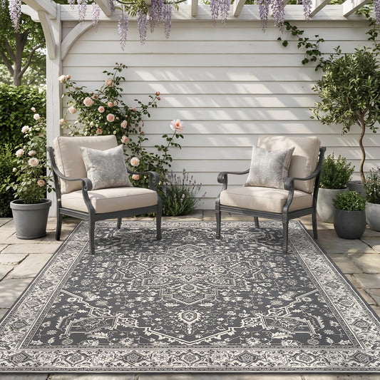 AMOAMI-Outdoor Rug-Patio Rug 5x8 ft Quick Dry Flatweave Textured Machine Washable Outdoor Carpet with Rubber Particles Backing Vintage Outdoor Area Rug for Patio Deck Front Porch Balcony Greyish Black