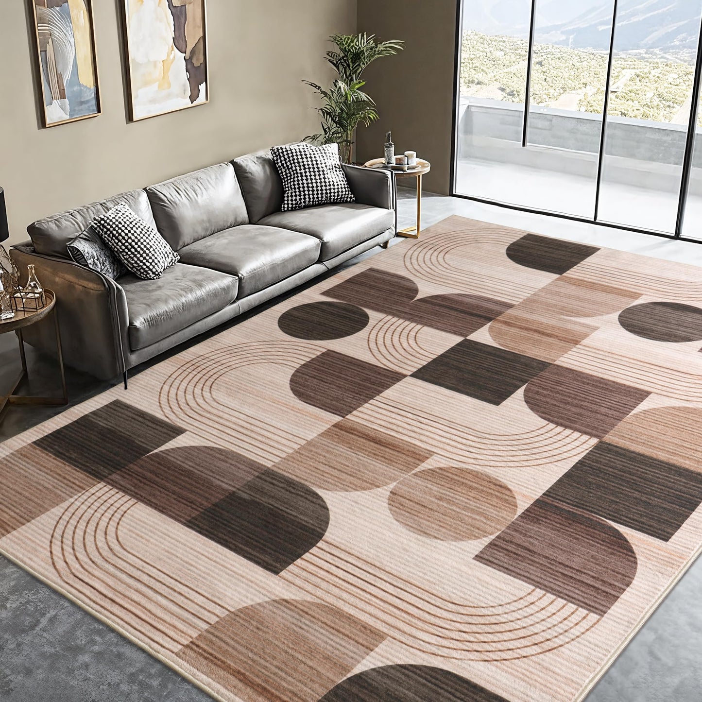 QDUIDU Large Machine Washable 4x6 Area Rug, Soft Modern Geometric Abstract Brown Rugs for Bedroom Living Room, Non-Shedding Faux Wool Indoor Throw Floor Carpet for Office Entryway Dining Room Decor