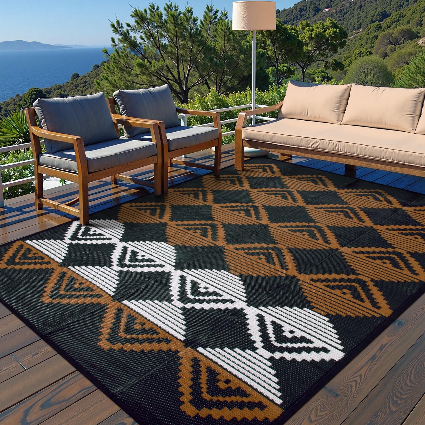 Beeiva Outdoor Rug 8x10 Waterproof for Patio, Reversible Outdoor Patio Rug for Deck, Backyard, RV Camping, Plastic Straw Rug Black Brown