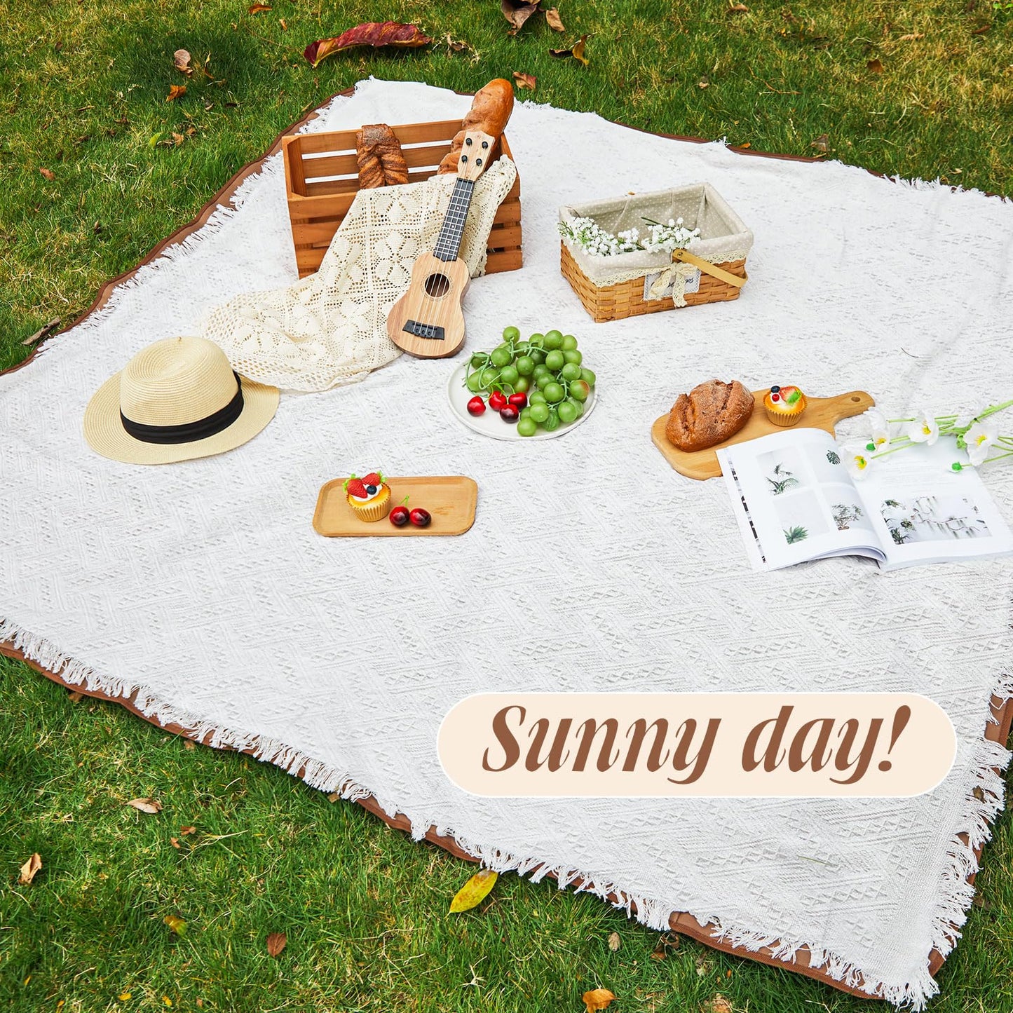 VitalCozy Waterproof Picnic Blankets 71×71 inch Outdoor Blanket Foldable 2 in 1 Double Layer Sandproof Beach Mat with Carry Strap for Camping Lawn Park Beach Grass(White)