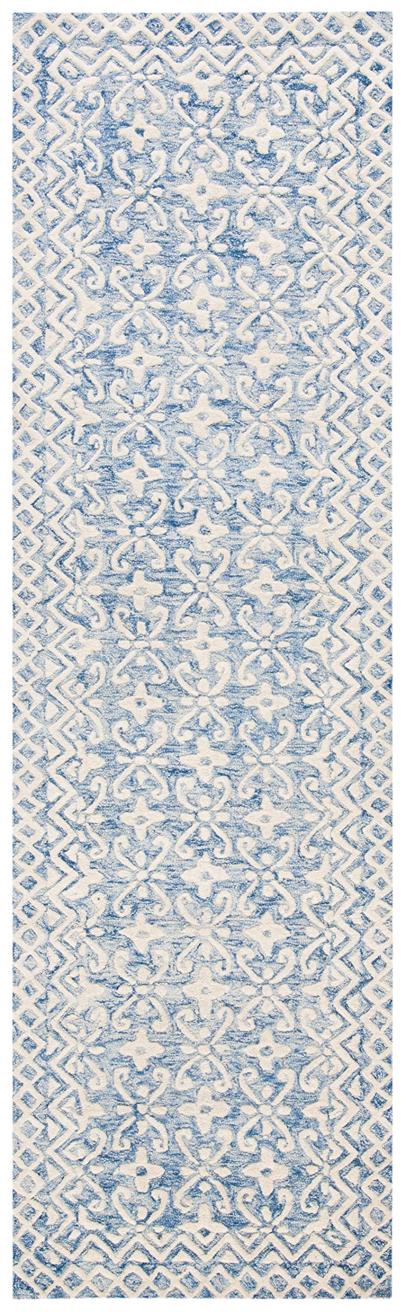 SAFAVIEH Blossom Collection Runner Rug - 2'3" x 12', Blue & Ivory, Handmade Wool, Ideal for High Traffic Areas in Living Room, Bedroom (BLM114M)