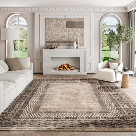 NICETOWN 8x10 Ultra-Thin Brown Oriental Rug for Bedroom, Tumble Washable Area Rugs 8x10, Boho Non-Slip Vintage Living Room Rugs, Oriental Carpet Entrance for Kitchen, Laundry, Bathroom, Bedroom