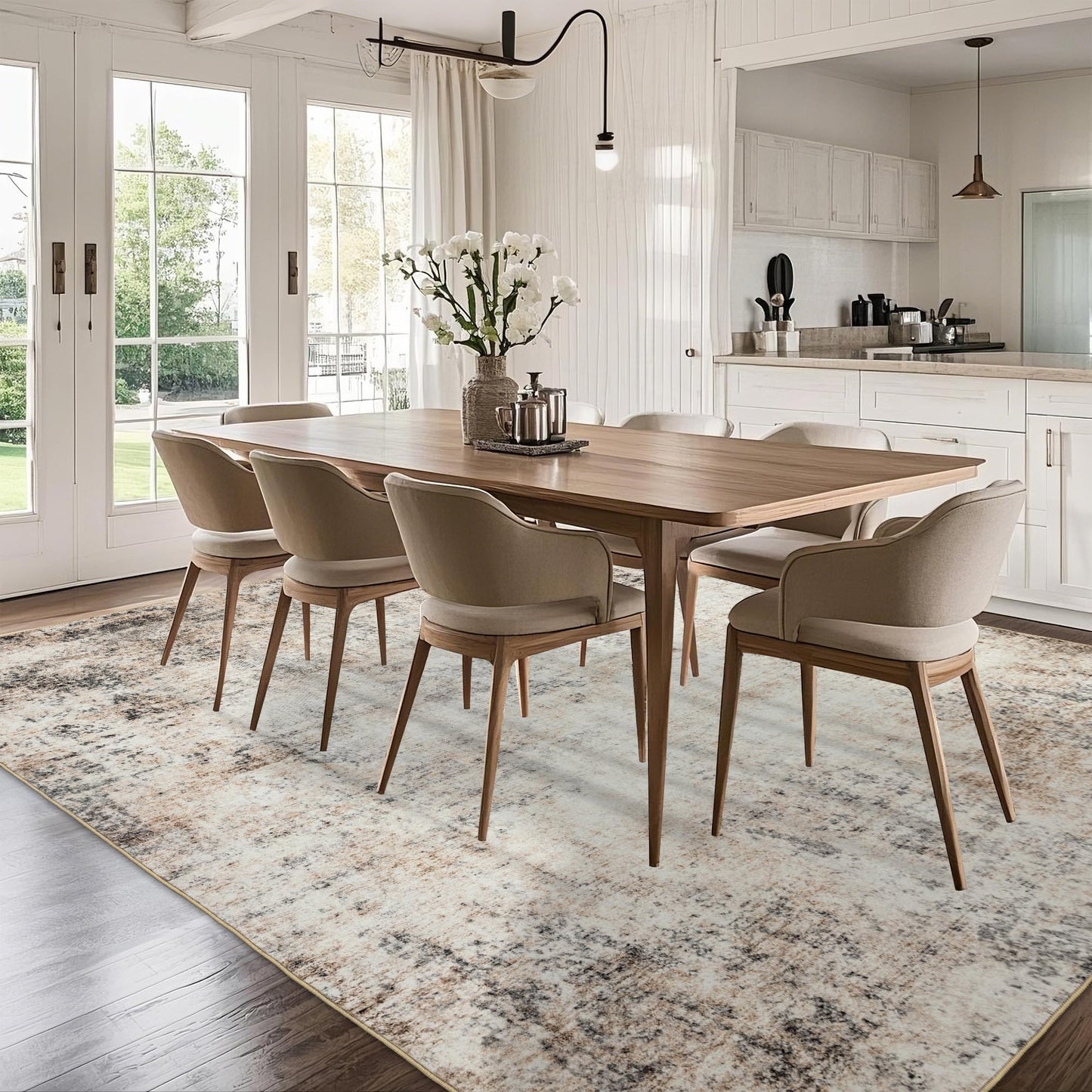 Washable Abstract Living Room Rugs: 8x10 Modern Neutral Indoor Rug for Bedroom Dining Room - Soft Thin Rubber Backing Easy Clean Floor Carpet Contemporary Home Decor - Beige Brown