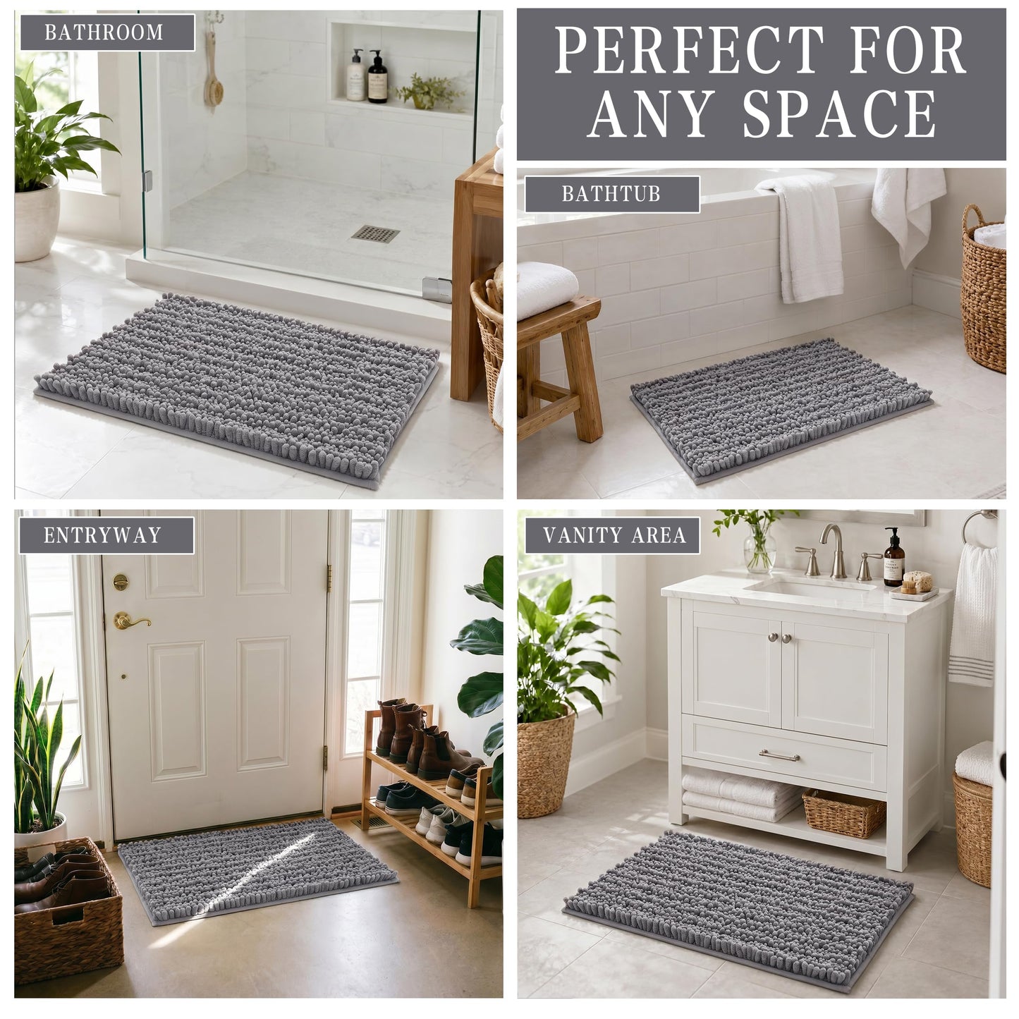 Yimobra Bathroom Rugs Non-Slip Washable – Extra Soft & Absorbent Chenille Bath Mat, Quick-Dry Plush Shaggy Floor & Vanity Bath Rugs for Tub & Shower, Modern Home Decor Accessories, 24 x 17, Grey