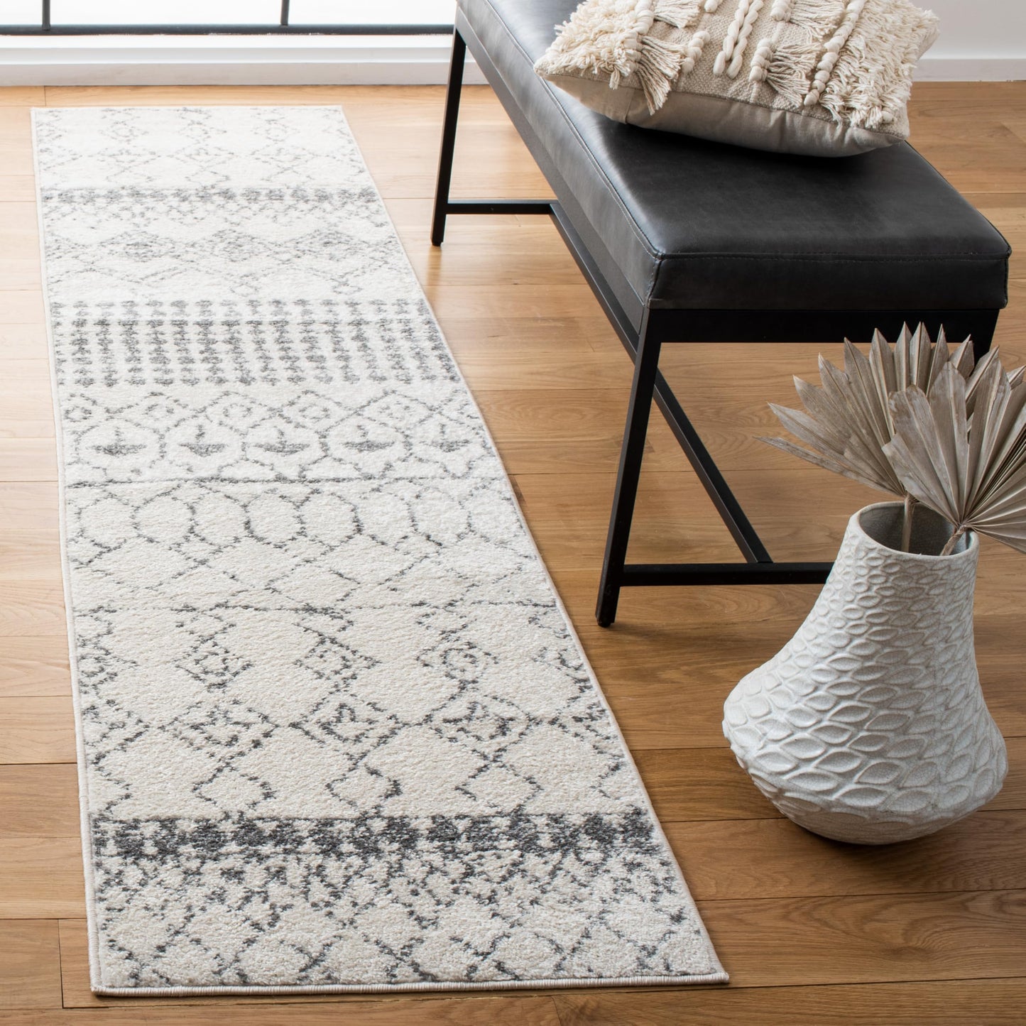 SAFAVIEH Tulum Collection Runner Rug - 2' x 13', Ivory & Grey, Moroccan Boho Distressed Design, Non-Shedding & Easy to Clean, Ideal for Living Room, Hallway, Foyer, Bedroom (TUL229A)
