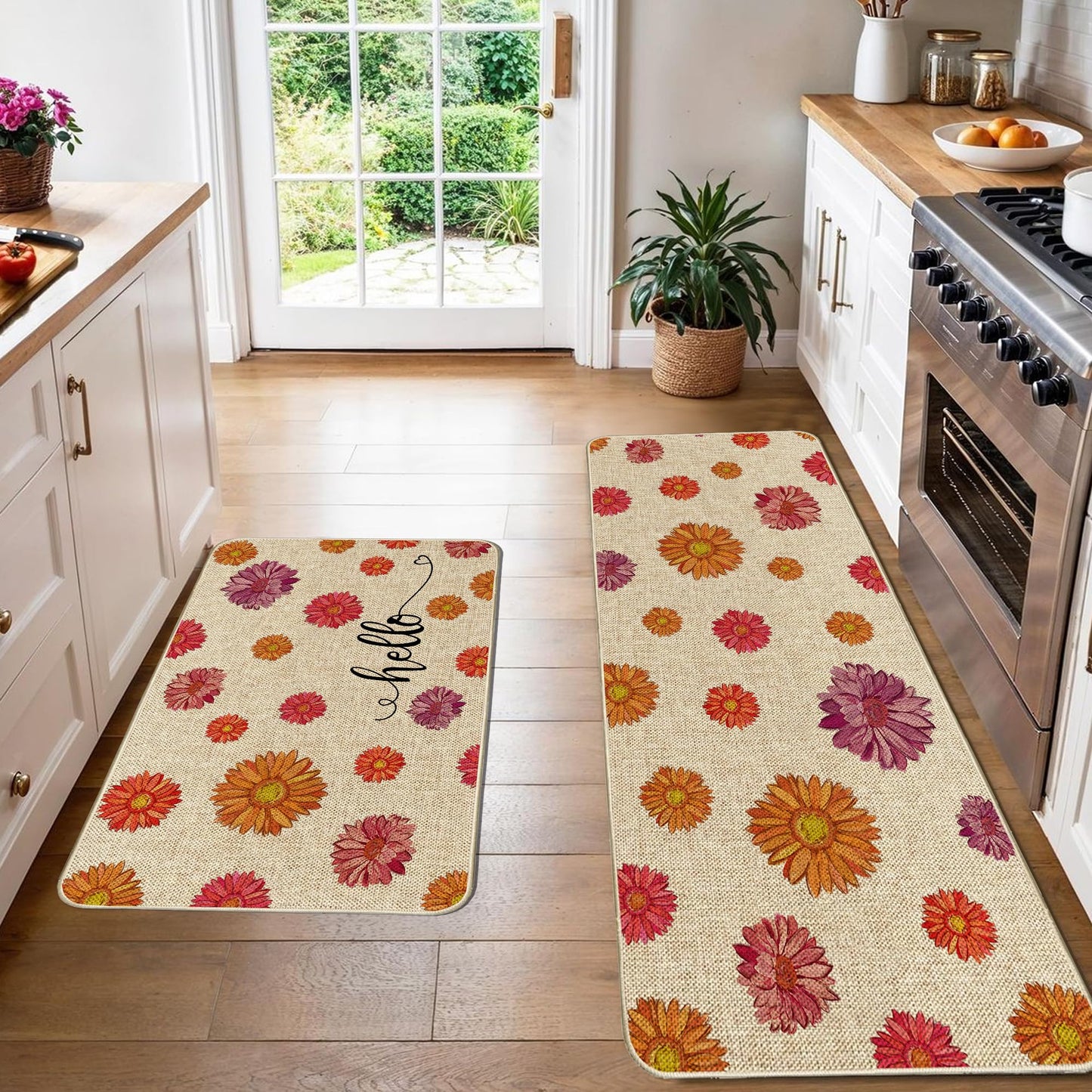 Tikeciti Spring Summer Vibrant Daisies Kitchen Mats Set of 2, Daisy Floral Kitchen Rugs Seasonal Holiday Floor Non-Slip Low Profile Mat Farmhouse Home Decor 17x29 and 17x47 Inch