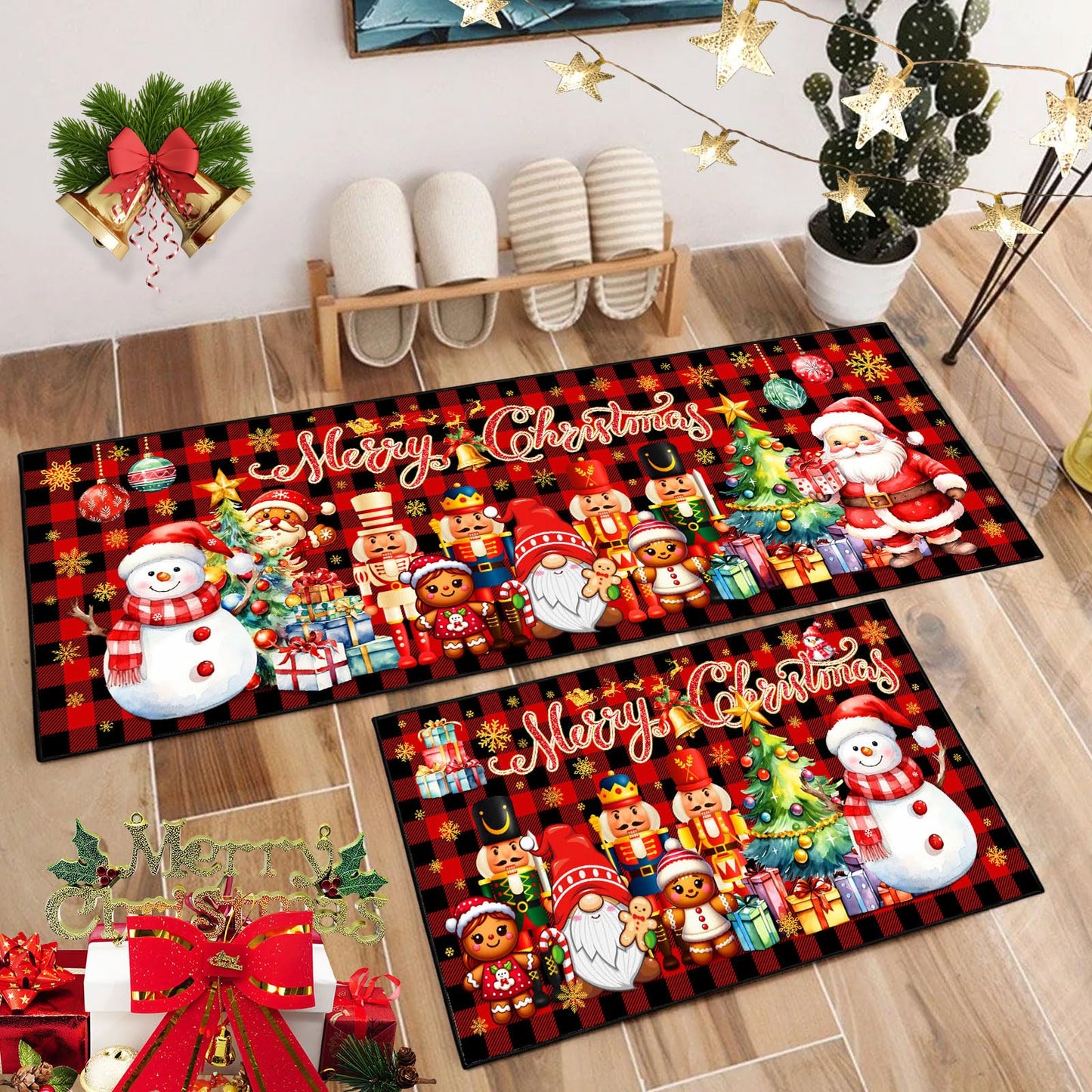 ACZHHZC Merry Christmas Nutcracker Kitchen Rugs and Mats Set of 2, Buffalo Plaid Winter Xmas Holiday Home Kitchen Decor Floor Mats, Washable Non-Slip Sink Carpet (17"x47"+17"x30")