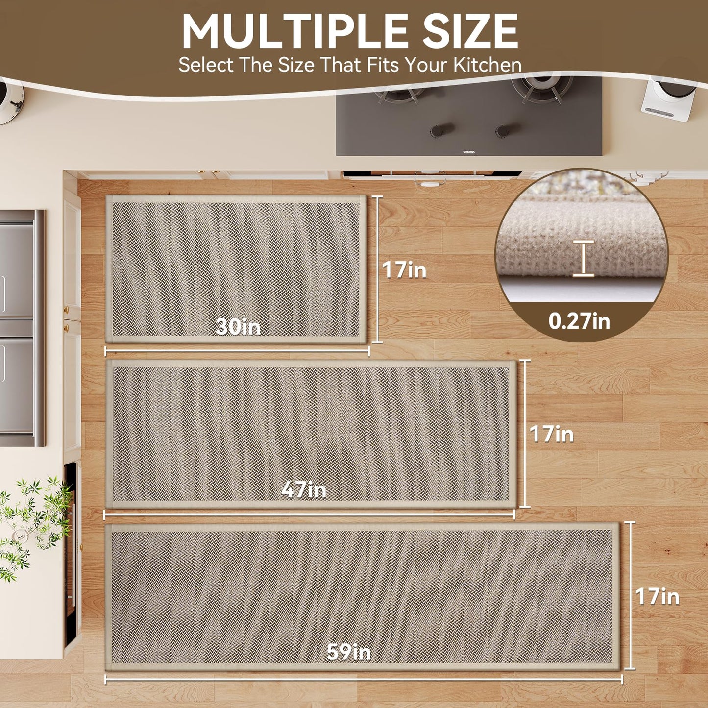 QiCaiJia Kitchen Rugs Non-Slip and Washable, Kitchen Mats for Floor, Absorbent Kitchen mats, Rubber Backing, Soft Braided Standing Floor Rug Sink Mat Runner Rug Kitchen Rug Brown 17"x47"