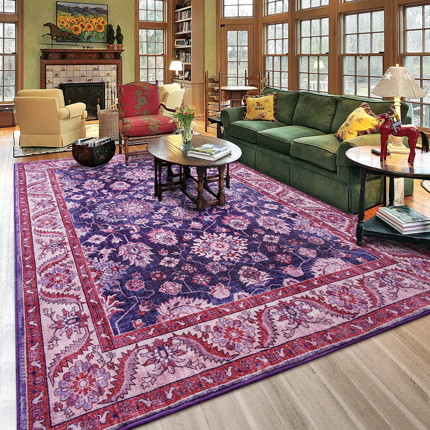 Rtizon Purple Area Rugs for Living Room, Washable 5x7 Area Rug for Bedroom, Retro Floral Carpet with Non-Slip Rubber Backing for Girls's Beside Dorm Home Office Dining Room Kitchen, Blue and Purple