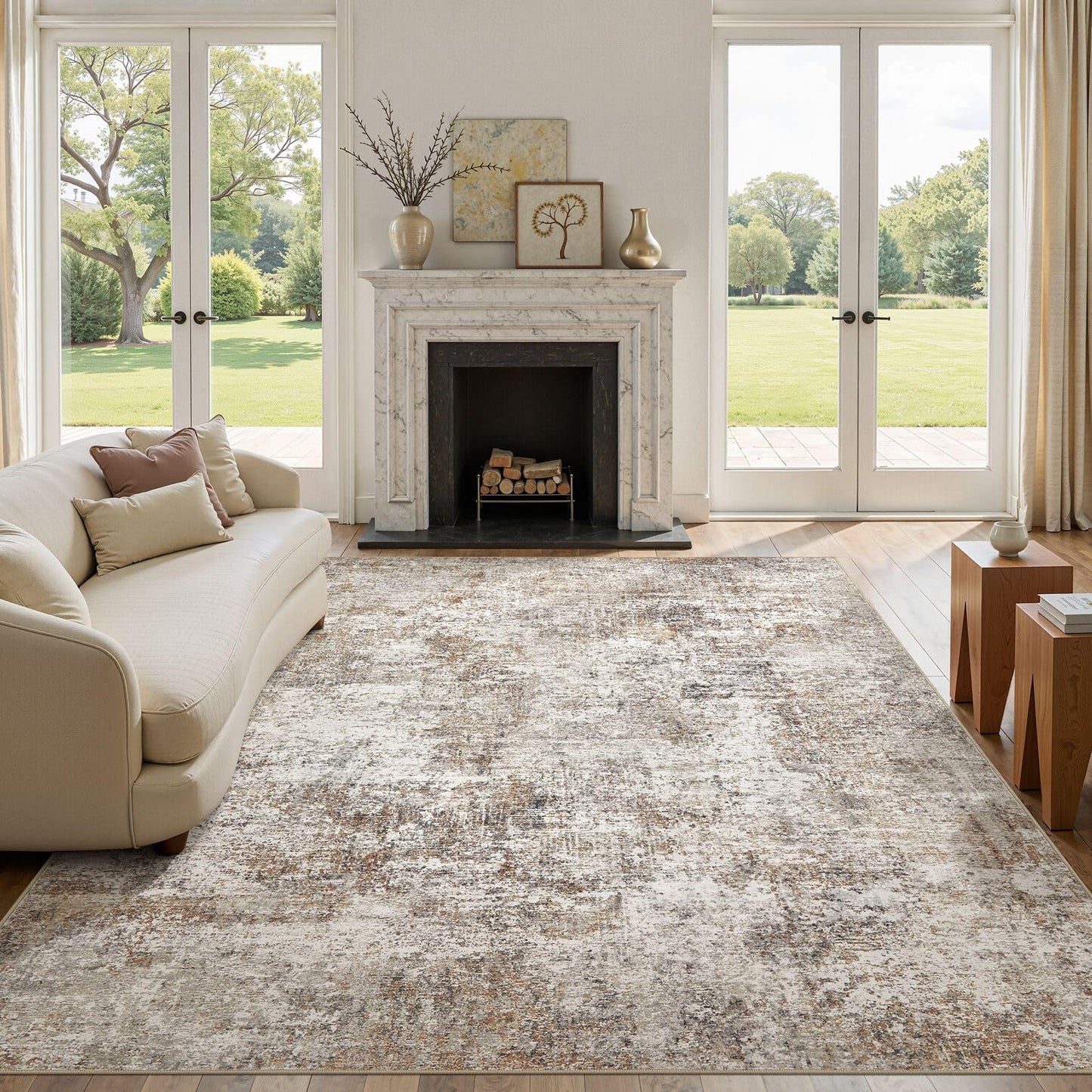 10x14 Area Rugs for Living Room: Washable Large Neutral Abstract Rug Soft Non Slip Stain Resistant Low Pile Indoor Carpet for Bedroom Dining Room Nursery Office Playroom - Brown Grey