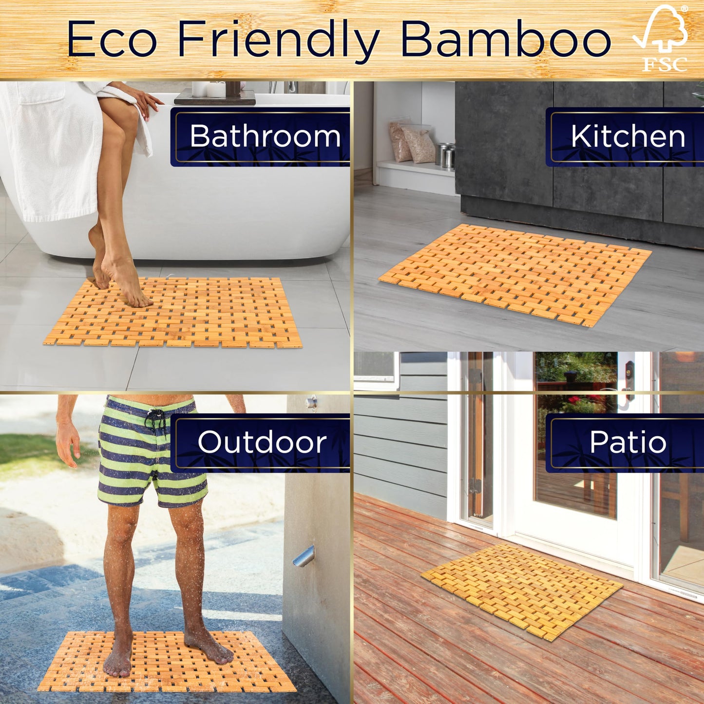 SereneLife Bamboo Bath and Shower Mat, Non-Slip Floor Mat with Extra Grips, Slatted Design, Natural Finish for Bathroom, Spa, Sauna - Rollable and Easy to Clean