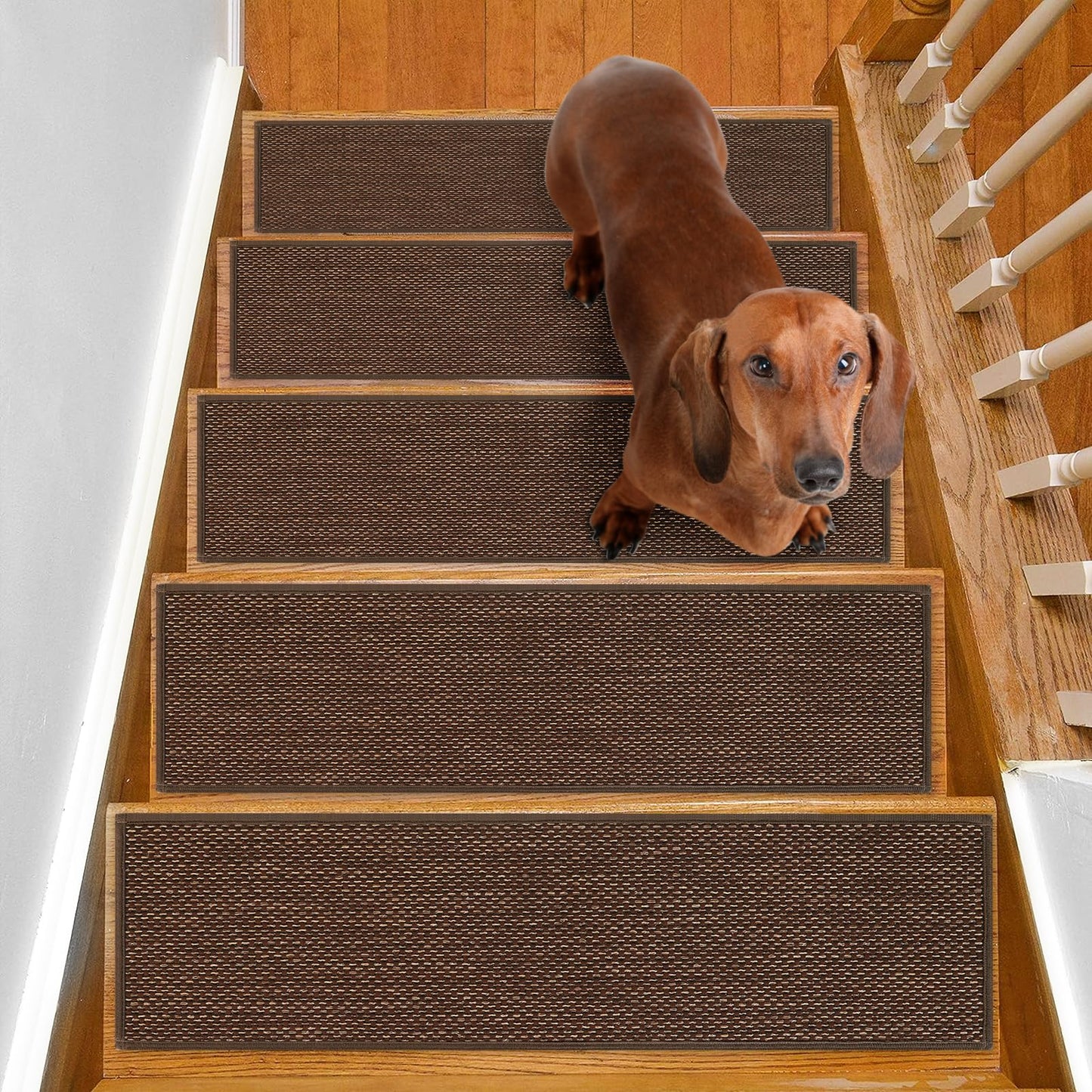 SMILOOL Stair Treads Non Slip for Wooden Steps Indoor 9" x 36" 4 Pack Extra Wide Stair Tread Carpet Stairs Runner, Step Pads with Reusable Adhesive for Dogs Kids Elders, Machine Washable, Brown