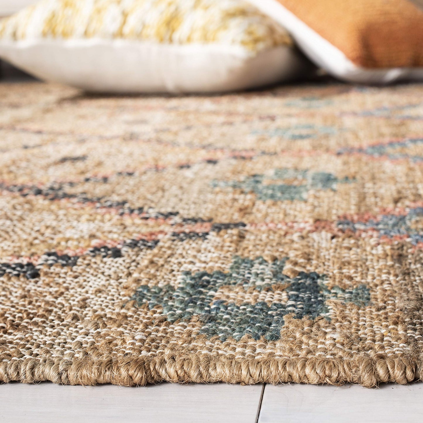 SAFAVIEH Kilim Collection Area Rug - 5' x 8', Natural & Blue, Handmade Moroccan Boho Jute & Cotton, Ideal for High Traffic Areas in Living Room, Bedroom (KLM753A)
