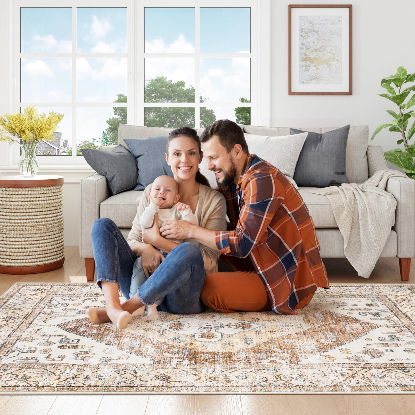 Lahome Rug for Living Room Machine Washable Area Rug 6x9 Boho Non Slip Bedroom Carpet Throw Ultra Thin Carpet for Dining Room, Farmhouse Neutral Print Soft Indoor Mat for Office Adelyn (Taupe, 6'x9')