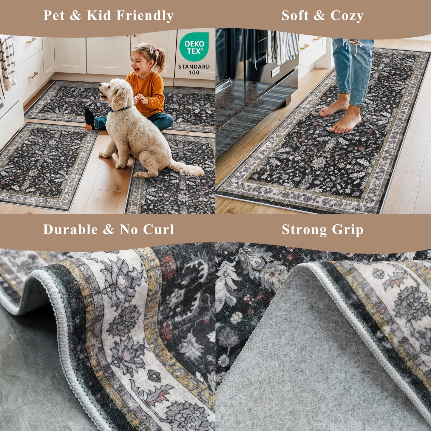 3-Piece Washable Kitchen Rug Set of 3 with Runner – Non-Slip Boho Kitchen Mats for Hardwood Floor, Sink & Entryway & Bathroom, Home Decor (Black,2x3+2x4+2x5)