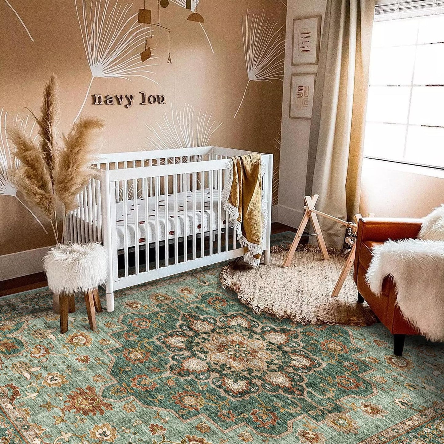 TOPRUUG Washable Oriental Area Rug - 10x14 Rugs for Living Room Soft Carpet for Bedroom Waterproof Floral Distressed Indoor Stain Resistant Non-Shedding Floor Carpets (Green, 10X14)