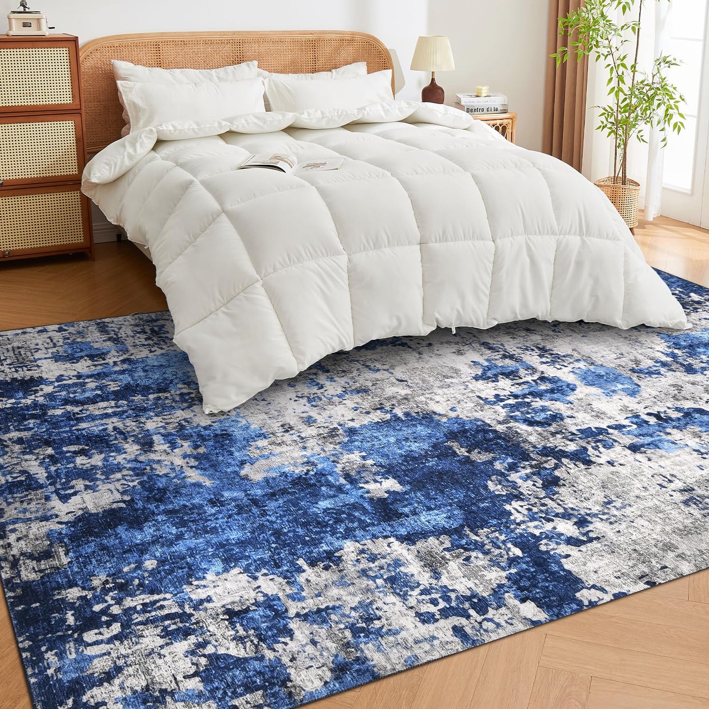 Washable Rugs 5X7 Large Neutral Modern Non Slip Foldable Thin Under Dining Table Dining Room Floor Cove Blue