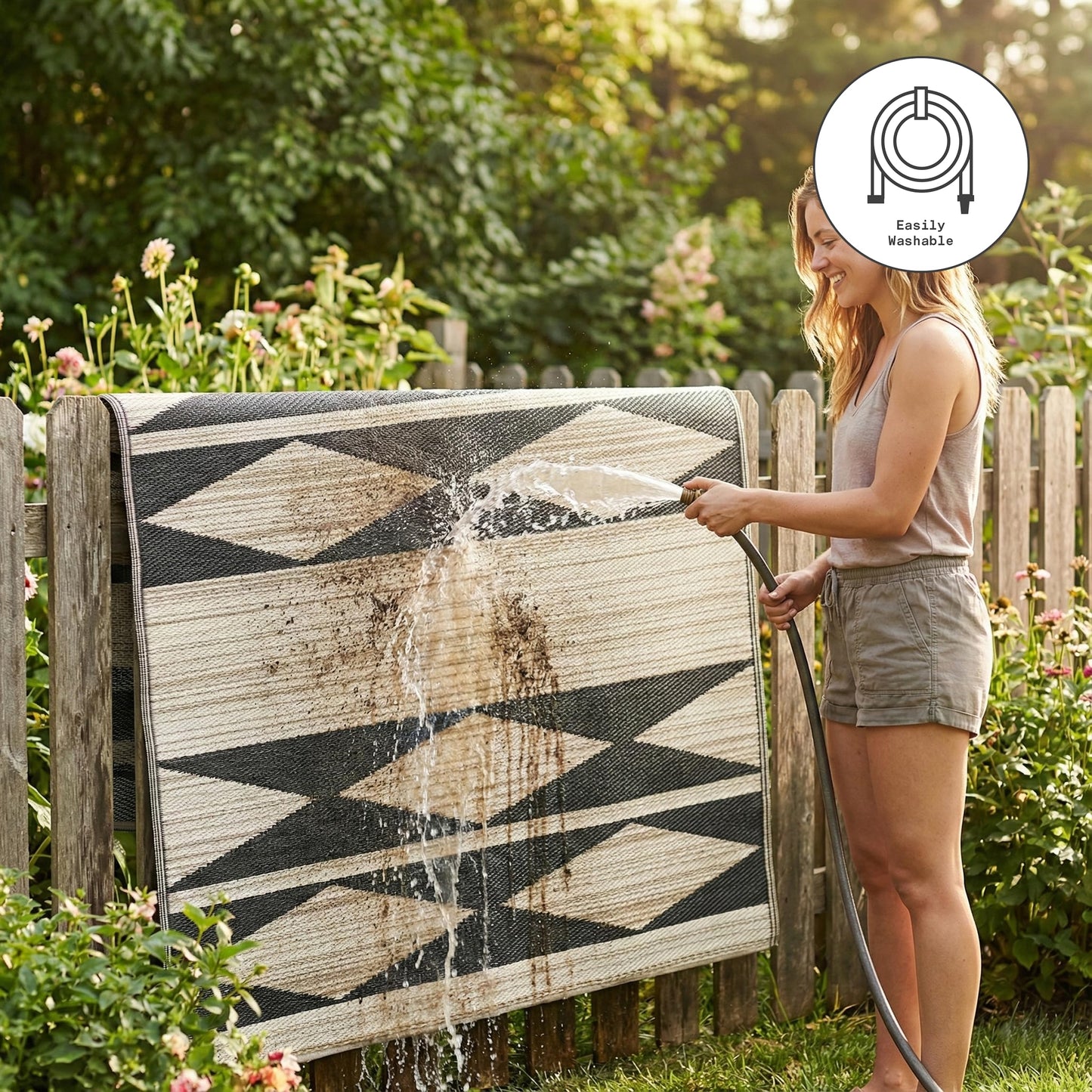 Fab Habitat Outdoor Rug - Waterproof, Fade Resistant, Crease-Free - Premium Recycled Plastic - Geometric Tribal - Patio, Deck, Porch, Balcony, Laundry Room - Cairo - Natural & Black - 4 x 6 ft