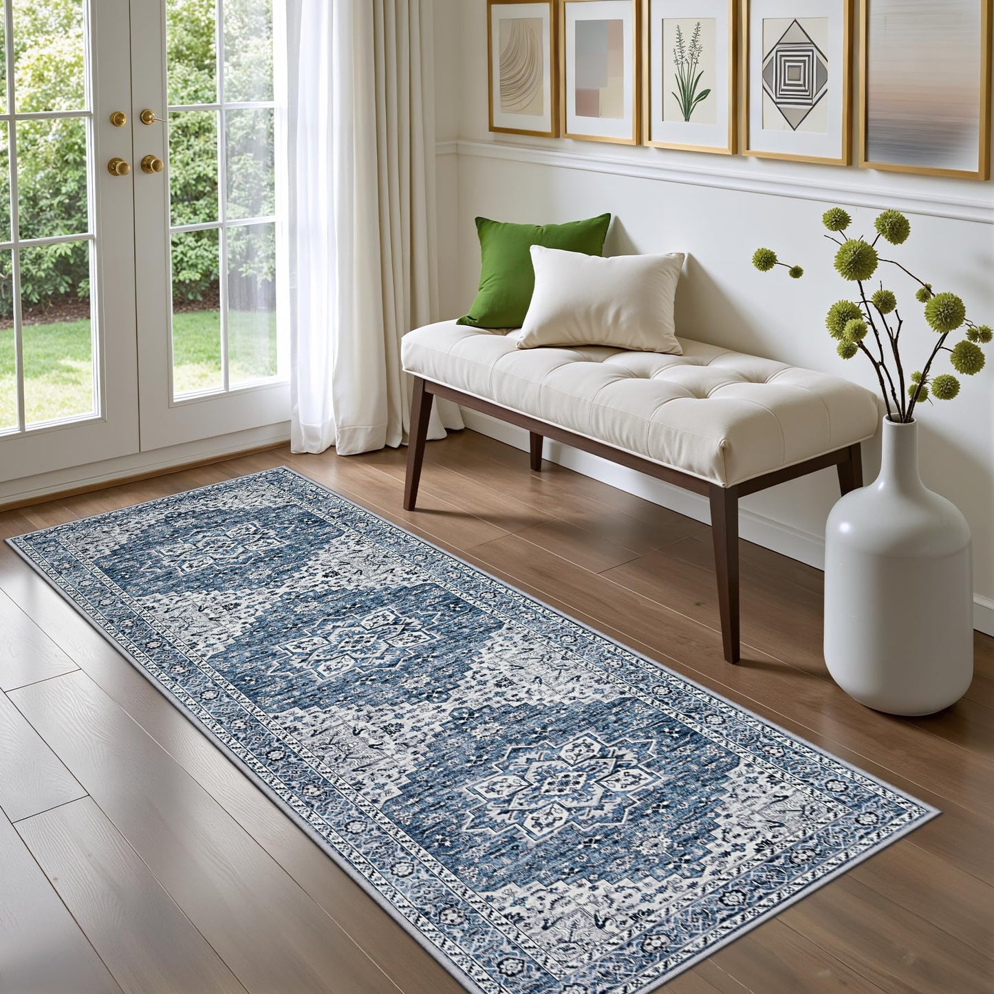 Hallway Runner Rug Non Slip - Washable 2.6x8 Kitchen Rugs for Living Room, Low-Pile Soft Bedroom Rug Indoor Floor Stain Resistant Carpets for Entryway, Laundry, Bathroom Blue