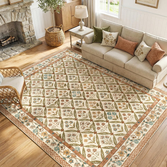 jinchan Haden 8x10 Large Area Rug for Living Room Vintage Floral Cottage Rug Soft Non-Slip Low Pile Washable Bedroom Dining Room Home Decor Girls Dorm Carpet Terracotta