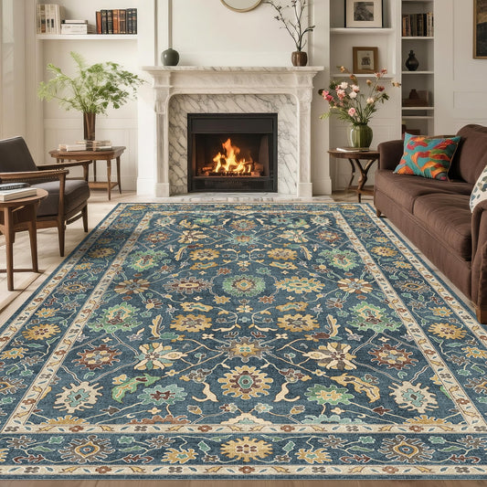 Washable Oushak Area Rug 8x10: Large Modern Turkish Oriental Floral Luxury Carpet for Bedroom Nursery Living Room Dining Home Decor Navy Blue