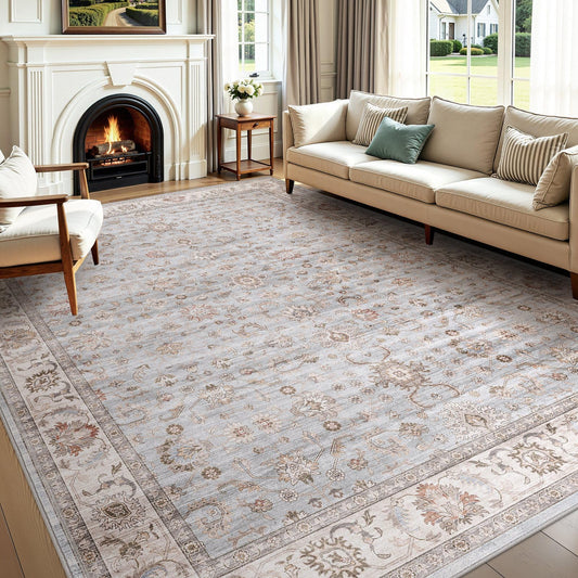 WITSHOCK 9x12 Area Rugs Living Room: Washable Large Neutral Vintage Soft Rug Stain Resistant Non-Slip Farmhouse Indoor Low Pile Floor Carpet for Bedroom Nursery Office(Blue Gray)