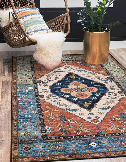 Lahome Boho Machine Washable Rugs - 5x7 Area Rugs for Living Room Non-Slip Oriental Throw Bedroom Rug Ultra-Thin Large Office Dining Room Rug Accent Floor Carpet for Kitchen Laundry Room Adelyn