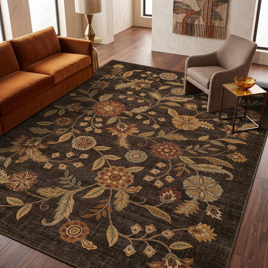 Garvee Washable 5x7 Area Rugs Boho Vintage Floral Botanical Fall Soft Non-Slip Low-Pile Stain Resistant Throw Rugs for Bedroom Living Room Nursery Office Kitchen Room Decor Dark Brown