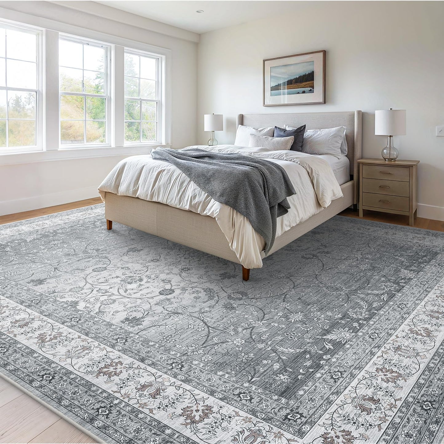 AMADA HOMEFURNISHING 8x10 Area Rugs, Washable Living Room Rug with Non-Slip Backing, Low Pile and Durable Edge Binding, Soft Vintage Floral Rugs for Living Room, Bedroom, Dining Room