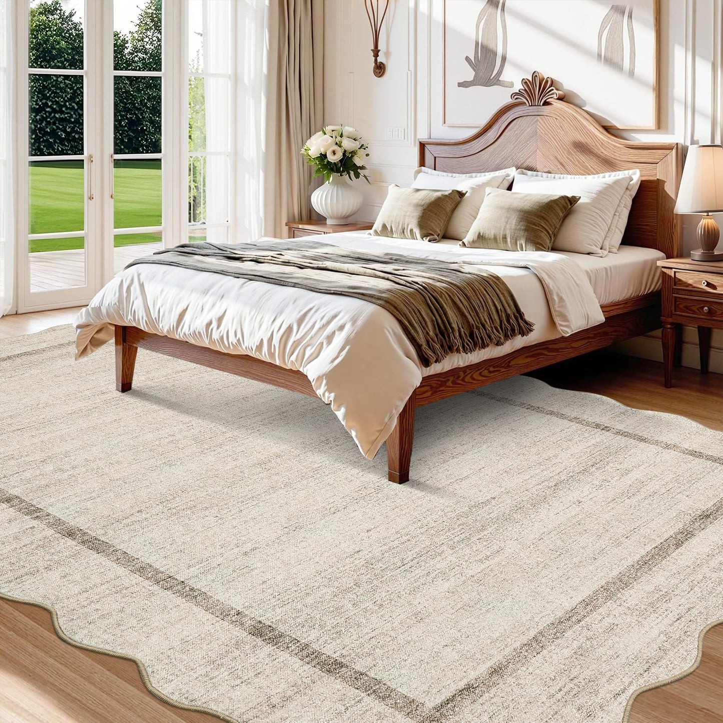 GarveeHome Scalloped Large Living Room Area Rug 6x9 - Machine Washable Modern Rugs Bordered Neutral Rug Non-Shedding Low Pile Farmhouse Carpet for Bedroom Nursery Classroom Dorm 6 ft x9 ft Beige