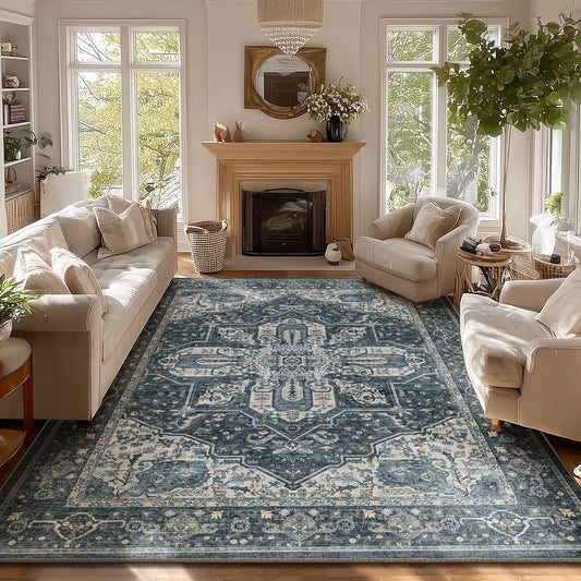 8x10 Area Rugs for Living Room, Washable Boho Non-Slip Vintage Distress Large Rugs for Bedroom Dining Room Nursery Office, 0.3" Neutral Oriental Throw Thin Carpet, Blue/Multi