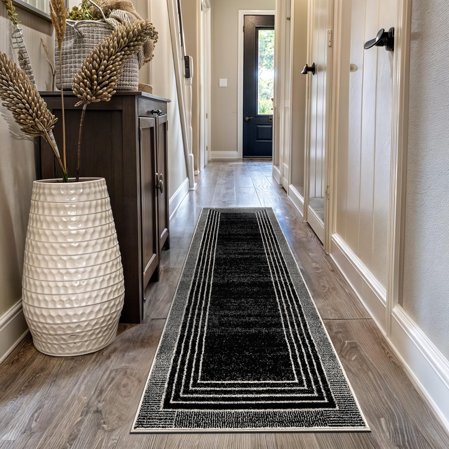 Rugshop Contemporary Geometric Bordered Runner Rug for Hallway,Entryway,Kitchen Rug Low Pile Rug with Jute Backing 2' 3" x 12' Black