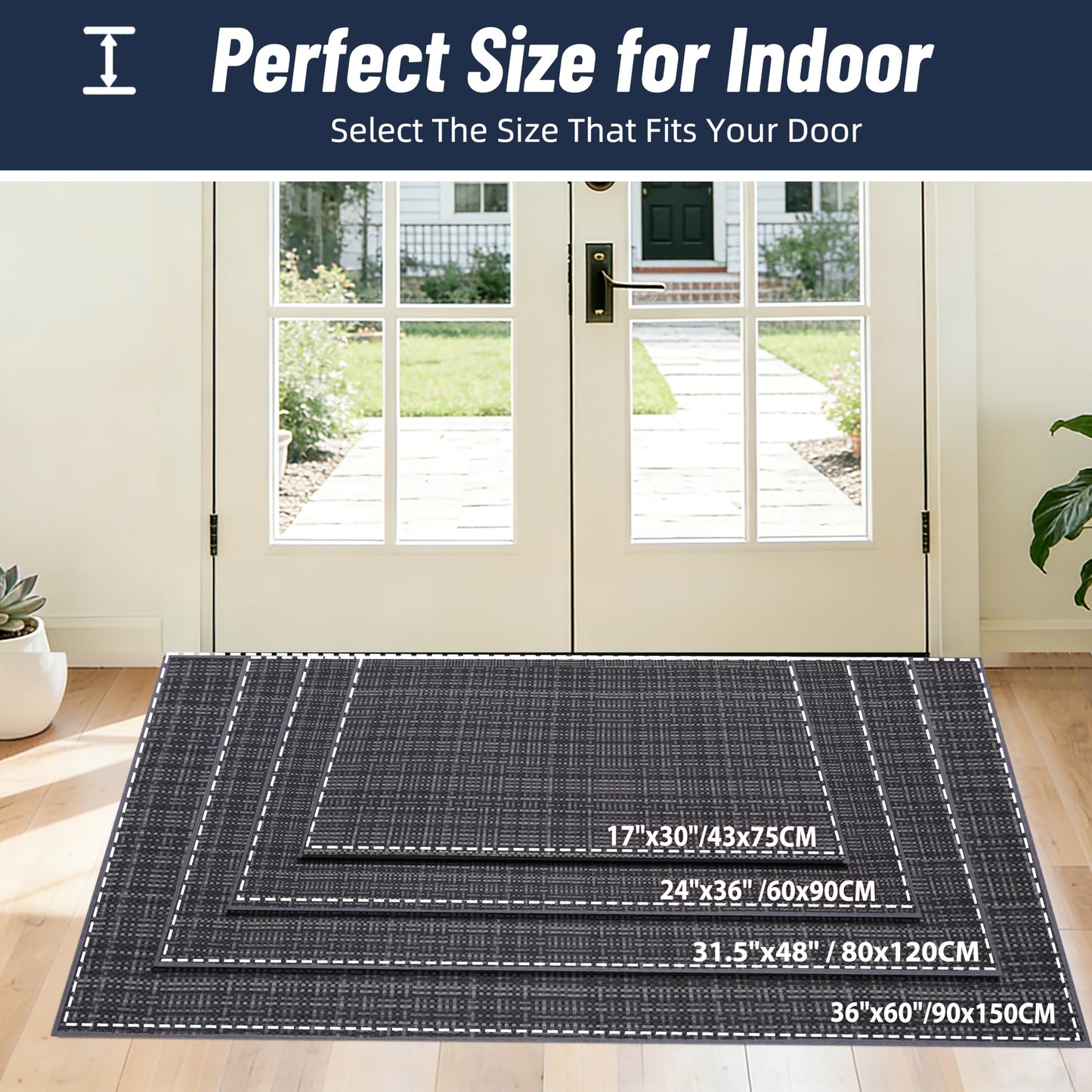 Indoor Front Door Mat Entry Mat 17"x30", Braided Low-Profile Welcome Door Mat Indoor Entrance, Non Slip Rubber Backing Thin Inside Entryway Doormat Washable Dirt Resistant & Absorbent, Black/Dark Gray