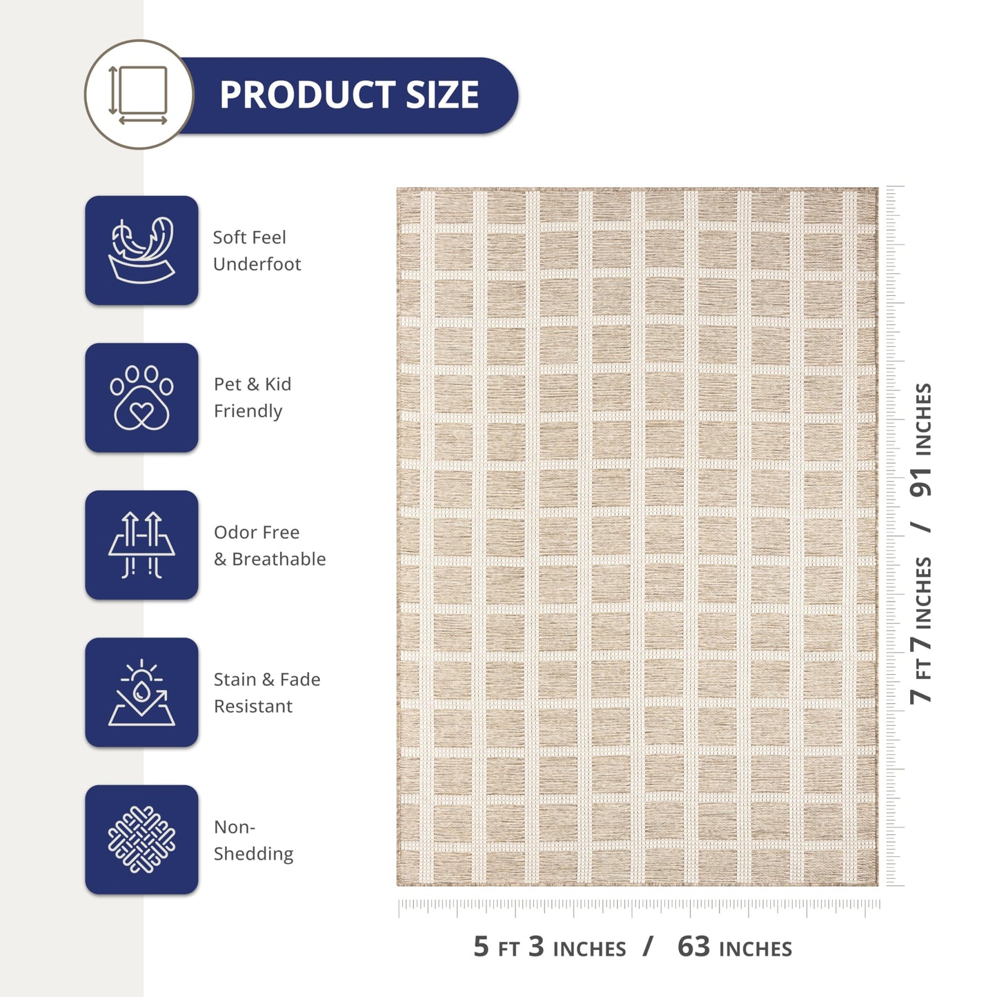 Abani Brown Area Rug – Ocean Collection – 5' x 8' Gridscape Design – Indoor & Outdoor Use – UV Protected, Fade-Resistant, Easy to Clean – Durable for Patio, Deck, Entryway, or Kitchen