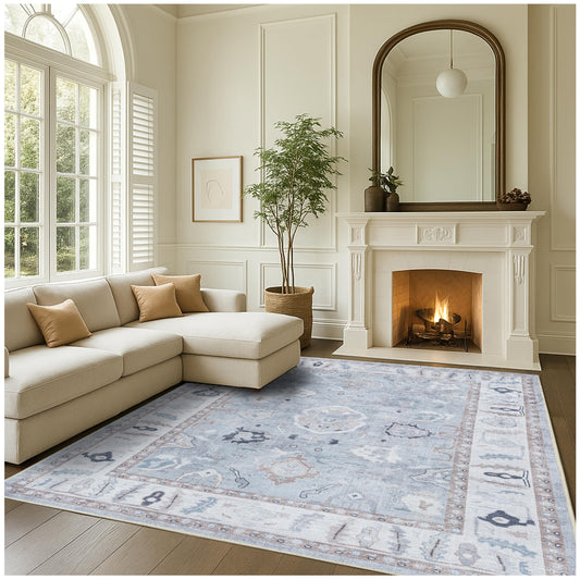 Fame Rugs Gray Modern Oushak Rug 9x12, Vintage Turkish Colorful Oriental Washable Antique Inspired Oversize Area Rugs, Luxury Living Room Bedroom (Gbeige, 9' x 12)
